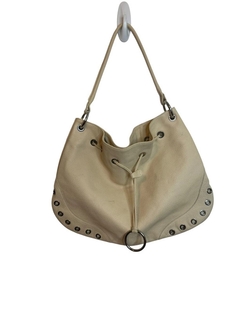 Furla Vintage Ivory Leather Cinched Grommet Shoulder Bag